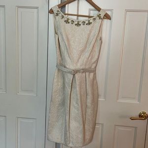 Eliza J beige cocktail dress with accent stones.